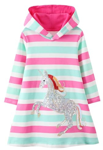 FILOWA Sweats à Capuche Robes Filles Coton Manches Longues, 2-7 Ans | Enfant Long Sweat-Shirt, Hoodie Pull Robes, Fashion Sweatshirt, Licorne Paillette Arc-en-ciel Broderie, Automne Hiver Tunique