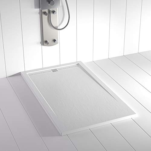 Plato de ducha resina FLOW desagüe lineal frontal color Blanco 160x70 textura pizarra antideslizante rejilla del mismo color con válvula