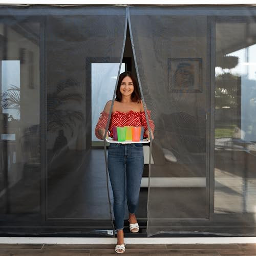 Moustiquaire ajustable aimantée TRANQUILISAFE® pour baie vitrée avec 2 ouvertures aimantée – moustiquaire magnétique – moustiquaire automatique – protection anti moustique (L 240 - H 216/224), Gris