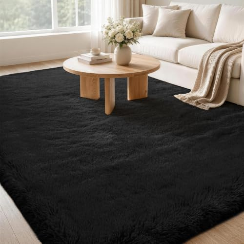 FVVRAX Fluffy Rugs Living Room Bedroom, Shaggy Large Black Rug 150x240cm | Machine Washable Rug Luxury Carpet, Non-Slip Non-Shedding Soft Floor Mat for Cosy Homes Nursery Dorm, Kids & Pets Friendly