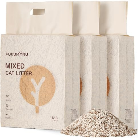 FUKUMARU Tofu Cat Litter, 18 LBS Clumping Cat Litter Flushable, Dust Free, Natural, Unscented, Lightweight, Low Tracking, Mixed Apple Wood, 24/7 Odor Control, 6lb x 3bags