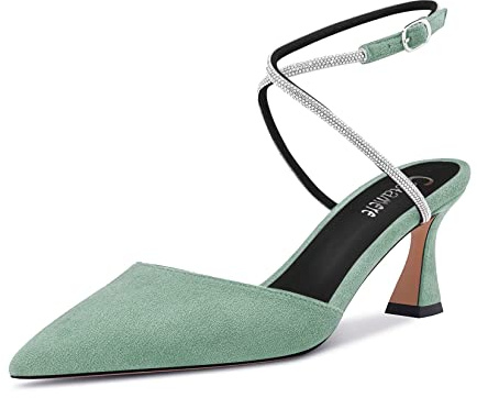 Castamere Donna Spillo Medio Tacco Heel Cinturino Incrociato Diamante Cristallo a Punta 6.5 CM Heels Verde Chiaro Scamosciato 37 EU