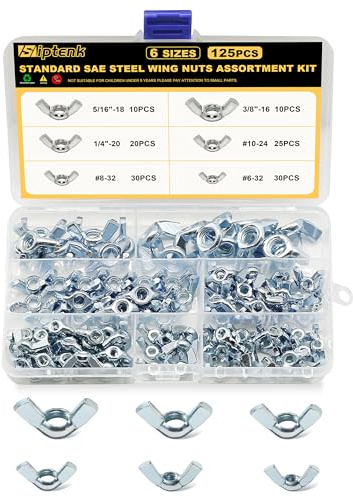 Siptenk SAE Wing Nuts 125PCS, #6-32#8-32#10-24 1/4-20 3/8-16 5/16-18 Wingnuts 6 Assorted Sizes Carbon Steel Zinc Plated Butterfly Wing Nut Fasteners Hardware Assortment Kit