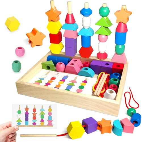 Chithor Montessori Spielzeug ab 3 4 5 6 Jahre, Holzspielzeug Steckspiel, Fädelspiel Sortierspiel für Kinder, Stapelspiel Motorikspielzeug Lernspiele Geschenk für Baby Junge Mädchen