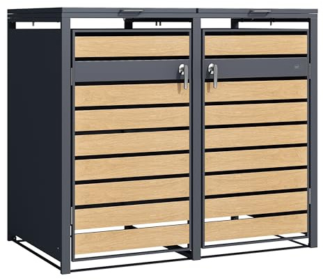 Axi Lucas Cache Poubelle Métallique Anthracite/Aspect Bois - Abri Poubelle pour 2 Conteneurs - Max. 240L - Abri Poubelle Extérieur avec Excellente Ventilation