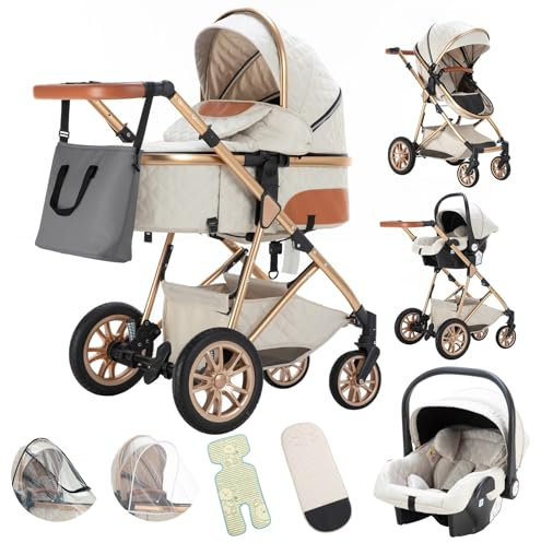 Gcarebb Kinderwagen 3 in 1, Kinderwagen Buggy Mit Auto Babyschale, Mit Höhenverstellbarer Kinderwagen Komplettset, KombiKinderwagen Mit Aluminiumrahmen für Neugeborene 0 bis 3 Jahre (Beige)