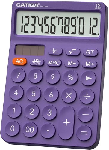 CATIGA Calculadora de Escritorio de 12 dígitos con Pantalla LCD Grande, botón Grande de diseño Redondo, energía Solar y batería Dual, función estándar para Oficina, hogar, Escuela, SD-1292