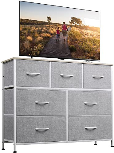 WLIVE Kommode mit 7 Schubladen aus Stoff, Kommodenschrank für Schlafzimmer, Kommode Wohnzimmer, mit Stabiler Stahlrahmen, Holzplatte, Hellgrau