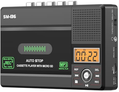 SEMIER Lettore di cassette portatile, registratore da piccola audiocassetta a convertitore digitale tramite USB C o scheda SD, display LCD, microfono integrato, jack per cuffie, altoparlante, scheda