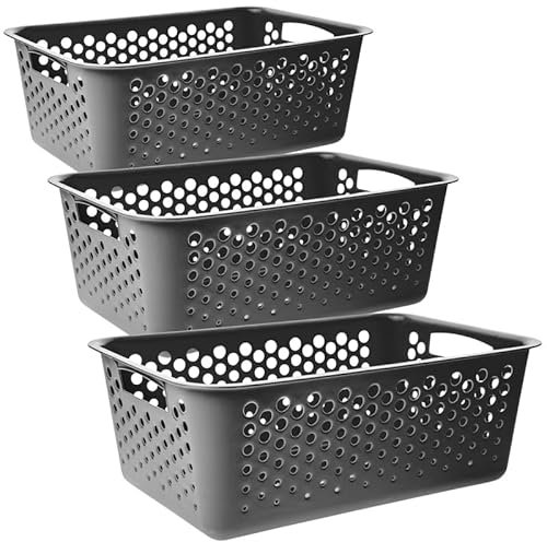 SUSTANIA Aufbewahrungskorb mit Löchern 36 x 26 x 14 cm, 3er set, Anthratiz - Praktische Kunststoffkörbe für Küche, Bad und Büro