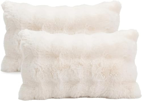 FZKun : Lot de 2 housses de coussin douces en fausse fourrure polaire, carrée/rectangulaire - Housses de coussin décoratives chaudes pour l'hiver, canapé, sofa, lit (30 x 50 cm, blanc)