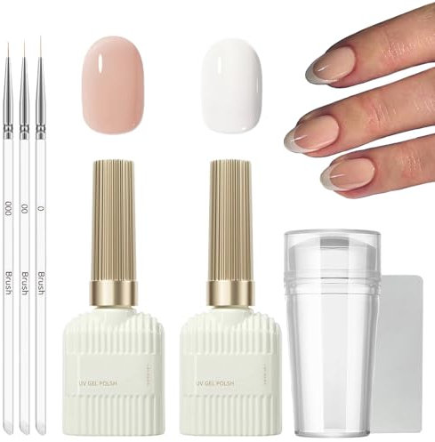French Manicure Kit, Jelly Nude and White UV Gel Polish Set with Nail Stamper and 3Pcs Nail Art Pen, Long Lasting French Manicure Gel for Home DIY Nail Salon