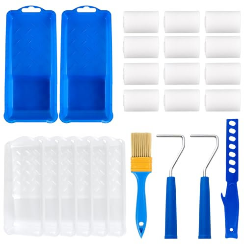 Aomaic 24 Stück Farbroller Klein Set Lackierwalzen Malerset – 12 Farbroller Schaumstoff, 2 Lackierrolle, 2 Farbwanne, 6 Einweg Farbwanne, 1 Pinsel und 1 Farbrührer