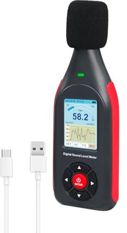 Sonómetro Decibelímetro Registrador de Datos con Ponderación de Frecuencia A/C, Respuesta Rápida/Lenta, 43.000 Registros de Datos, Conectividad USB/PC, Alarma LED de Tres Colores Lector de Ruido