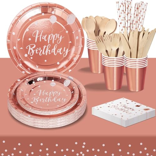 PYAILI Vaisselle Anniversaire Or Rose, 24 invités Vaisselle de fête Assiette en Papier Gobelet en Papier Pour les Fêtes, Mariages, Fêtes de Remise des Diplômes, Assiettes de Fête