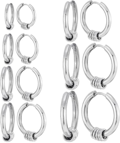 JYNXOR 7 Paires Acier Inoxydable Boucles d’Oreilles Anneau Homme Femme Boucles d Oreilles Créole, Boucle d Oreille Homme Anneaux, Boucle d'oreille Femme Creole, Boucle d Oreille Petite Avec 5 anneaux