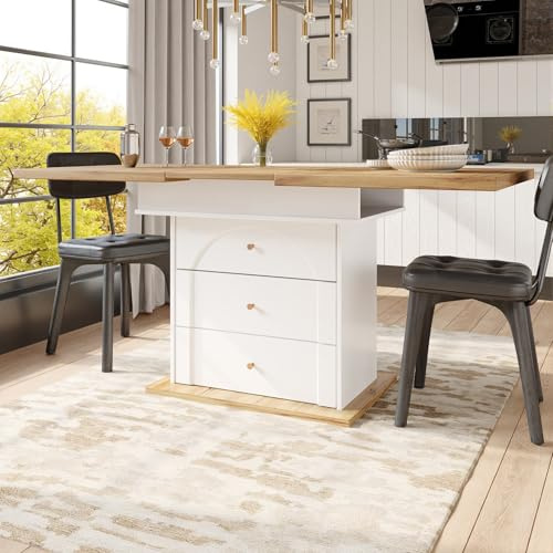 PUGSDRLY Table a Manger Extensible,Table Salle à Manger Rectangulaire 110-140×80x75cm avec Espace de Rangement,Moderne Minimaliste,pour Cuisine Salon et Bureau (Blanc-B)