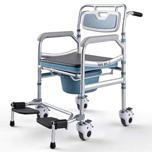 NnsZenith 4-in-1 Rolling Bedside Commode & Adjustable Raised Toilet Seat, Mobile Shower Chair with Handles for Elderly, Disabled & Pregnant, 380 lbs Capacity
