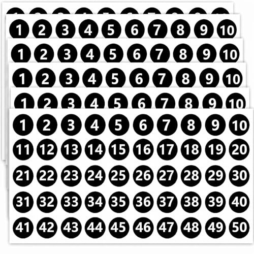 Larfraecy 6 Sheets 25mm Round 1-50 Consecutive Number Stickers, Small Self-Adhesive Waterproof Number Labels for Inventory Toolbox Storage Boxes Lockers, Classification Label Stickers