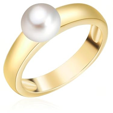 Valero Pearls Damen Perlenring aus 925 Sterling Silber gelbvergoldet mit Süßwasser-Zuchtperle Button 6-7 mm weiß - Silberring Gold mit echter Perle