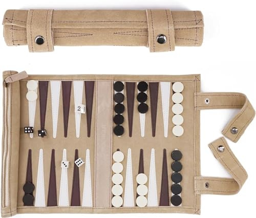 Sondergut Backgammon gioco da tavolo Cream - Avvolgibile, in 100% pelle - L'originale dal 1998 - Perfetta idea regalo per gli appassionati del campeggio e dei viaggi - 25x34cm