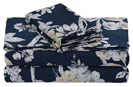 Tribeca Living Juego de sábanas de algodón de 300 Hilos con Bolsillos extraprofundos, tamaño Queen, Color Azul Marino Colmar, Multicolor