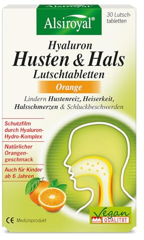 Alsiroyal Hyaluron Husten & Hals Lutschtabletten (30 Stk.)– Mit Hyaluron-Hydro-Komplex für intensive Feuchtigkeit & Schutz - fruchtiger Orangengeschmack