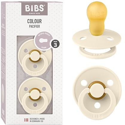 BIBS Colour Soother 2-Pack, BPA Free Dummy Pacifier, Round Nipple. Natural Rubber Latex, Made in Denmark, Size 3 (18+ Months), Ivory