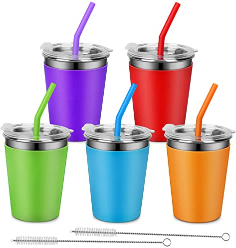 Rommeka Kids Tumblers with Lids and Straws, 5 Pack Upgrade 12oz Stainless Steel Unbreakable Toddler Cups Spill Proof with Colorful Sleeve, Reusable Drinking Cup for Adults and Children