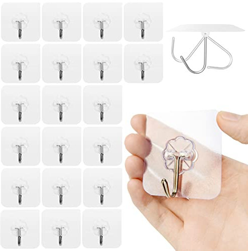 GOTRUST 20Pcs Adhesive Hooks, Strong Clear Stick Hooks, Heavy Duty Wall Hooks 10kg, Nail Free Multipurpose Transparent Wall Hooks for Hanging Keys, Plugs, Towels, Robe, Coat