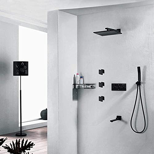 DERBUT Ensemble de mitigeur de Douche encastré Noir hydromassage cuivre Chaud et Froid 25 cm pommeau de Douche à encastrer au Plafond et kit de douchette à Main