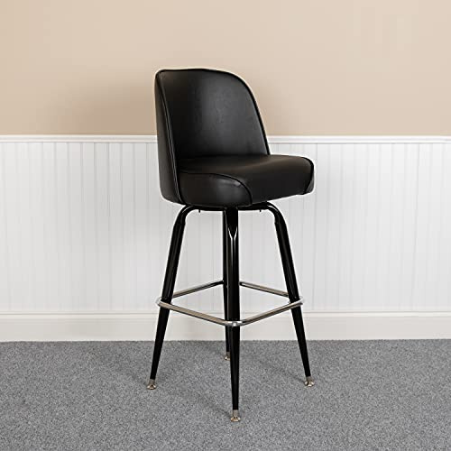 EMMA + OLIVER 2 Pack Metal Barstool with Swivel Black Vinyl Upholstered Bucket Seat and Footrest