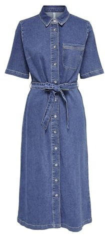 ONLY Dam jeansklänning löst skuren rund hals kort klänning, Mellanblå denim, S