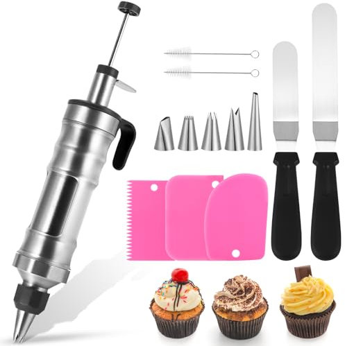YUNYODA Set di 13 pistole decorative per glassa, in acciaio inox, strumenti per decorare torte, siringhe per decorare dolci, con beccucci per glassa, raschietto per crema per cuocere torte