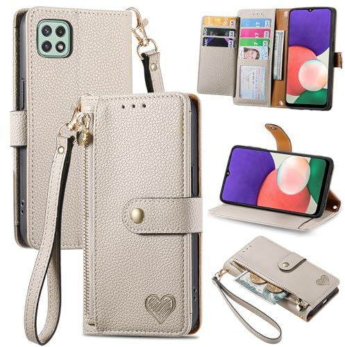 VEEMOS Zipper Wallet Case for Samsung Galaxy A22 5G Phone Case with Purse Card Holders RFID Blocking Leather Flip Case Book Cover Wrist Strap Women - Gray