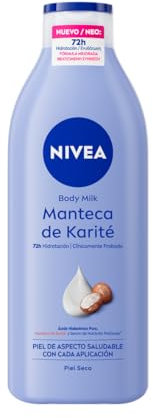 NIVEA Body Milk Manteca de Karité (1 x 400 ml), leche corporal que hidrata durante 72 h, crema hidratante corporal con ácido hialurónico, para piel seca