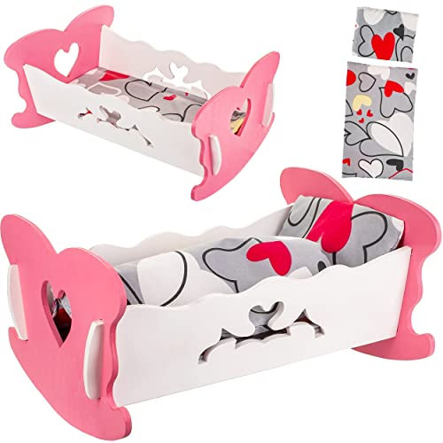 alles-meine.de GmbH Set: kleine - Puppenwiege aus Holz - mit Bettzeug - 37 cm lang - Puppenbett - Wiegenset - Holzwiege aus Buntem Naturholz - Herz Bett - Puppen klein groß Zube..
