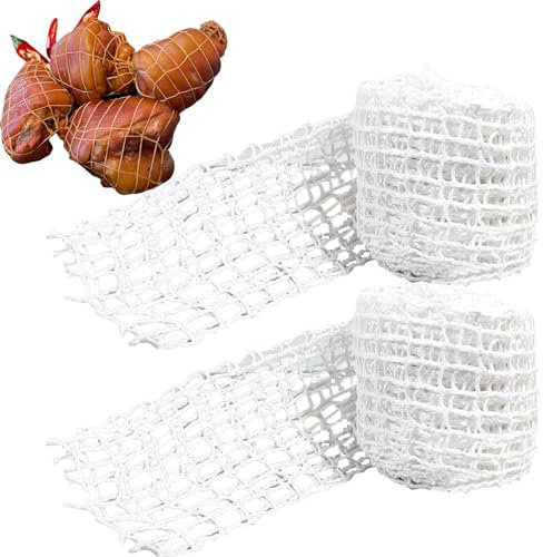 UptVin 2 Rollen Schinkennetz Weiß, Bratennetz, 5 Meter Rollbratennetz Baumwollfaden 16 Löcher, Elastisches Fleischnetz, Räuchernetz Schinkennetz zum Aufbewahren, Aufhängen und Garen von Fleisch
