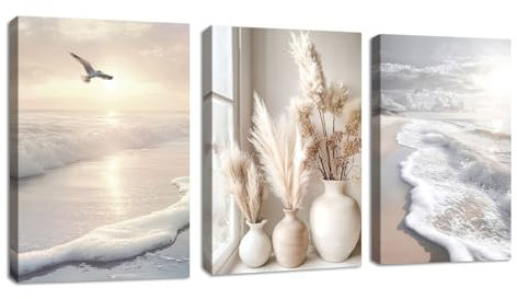 3 Pcs Modernos Cuadros Decorativos Boho Playa Paisaje Cuadros Beige Juncos Pampa Plantas Puesta de Sol Lienzo Cuadros Decorativos Salón Dormitorio Decoración de Pared Listo Para Colgar 30x40cmx3Pcs
