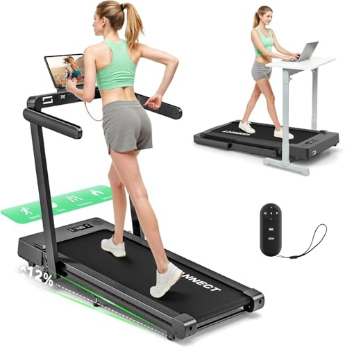 Tapis de Course avec App, VANNECT 4 en 1 Tapis de Marche Pliable avec Pente 12% réglable, 0-14 km/h Treadmill, 3.0HP Moteur Silencieux, Télécommande, Écran LCD, sans Montage, Capacité 180kg