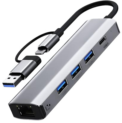 DewinLVD USB-C Ethernet-adapter, USB C Ethernet-hub med 1 RJ45 1000 Mbps Gigabit LAN-port 3 USB 3.0-portar och 1 typ C-port