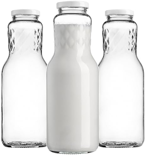 KADAX Mjölkflaskor 1 l med skruvlock, tomma flaskor med stor öppning för att fylla mjölk, glasflaskor med lock, bred halsflaska av glas (3 stycken)