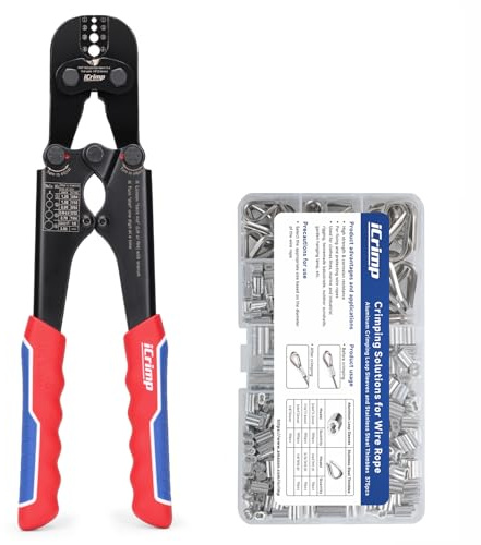 iCrimp - Kit di crimpatura per funi metalliche, con 330 manicotti ad anello e 45 ditali in acciaio inox, tagliacavi incorporato, resistente per pesca, ringhiere per cavi, terrazze e uso esterno