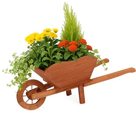 Beipoo Decorative Wooden Wagon Planter Box, Wood Wheelbarrow Planter with Handles, Drainage Hole, Wagon Garden Planter, Flower Cart for Indoor Outdoor Decor