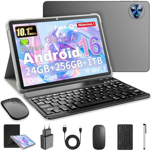 MENTUME Android 16 Tablet 10 Pulgadas en Gemini AI, Tableta en Teclado, Ratón & Lápiz, Octa-Core, 24 GB RAM + 256 GB ROM + 1 TB TF, 1920x1200 Pantalla HD, Cámara 8MP + 13MP, 6000 mAh (Funda Negra)