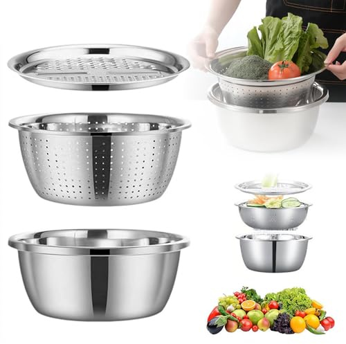 Germany - Lavabo multifuncional de acero inoxidable, juego de cuencos de cocina 3 en 1 con rallador de verduras y rebanador, cuenco resistente para mezclar ensaladas, frutas, verduras y colar (26 cm)