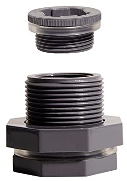 Ququyi 1 Inch PVC Bulkhead Water Tank Connector Adapter Fitting with Plugs Thru-Bulk Pipe Fitting for Rain Barrels, Aquariums, Ponds(Set of 1)