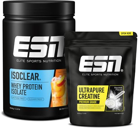 ESN ISOCLEAR Whey Isolate Proteinpulver, Peach Iced Tea, 908 g, + ESN Ultrapure Creatine Monohydrate, 500 g Beutel