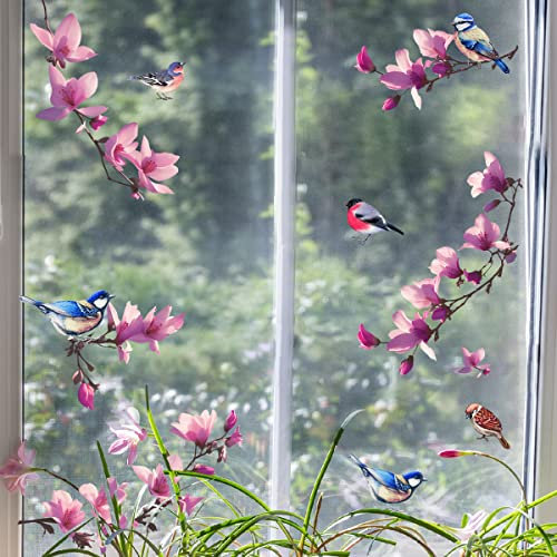 HaoFuJi Fensterbilder Blumen Aufkleber Doppelseitig Fenster Deko Vogel Sommer Frühling Fensterdeko Kinderzimmer Wohnzimmer Büro Fensteraufkleber Kinder Fenstersticker Fensterbild Deko