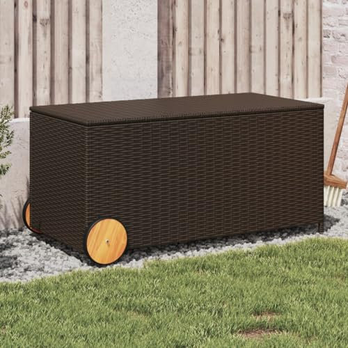 Homgoday Baúl de jardín con tapa y ruedas, caja de jardín con espacio de almacenamiento, caja de cojines, caja de almacenamiento, baúl para cojines de jardín, color marrón, 190 l de polirratán